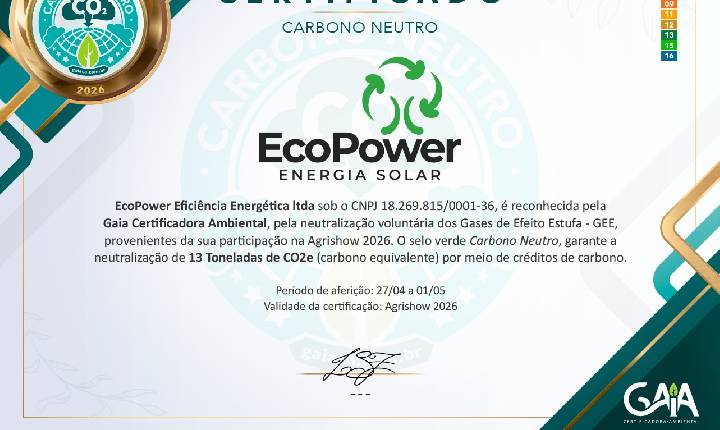 Neutralização de GEE: EcoPower é certificada na Agrishow