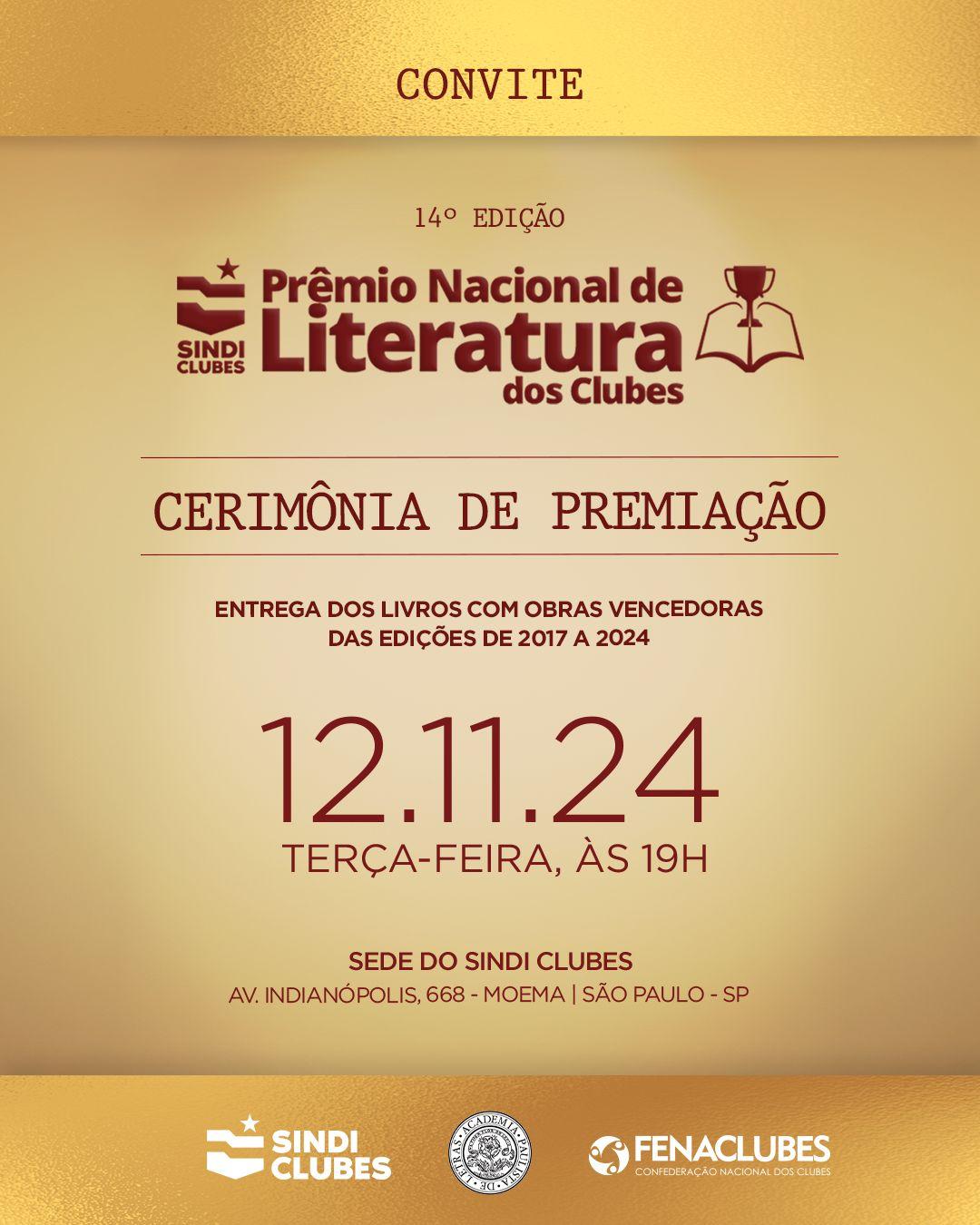Cerimônia de premiação da 14ª Edição do Prêmio Nacional de Literatura dos Clubes contempla os vencedores