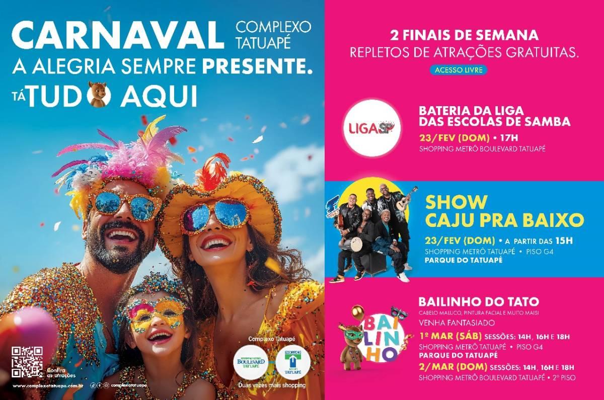 Bateria de escola de samba, grupo Caju pra Baixo e programação infantil agitam o Carnaval do Complexo Tatuapé
