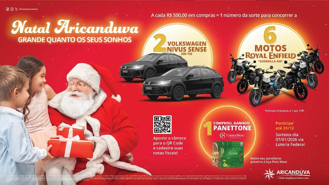 Shopping Aricanduva lança Campanha de Natal com sorteio de carros Volkswagen Nivus Sense e motos Royal Enfield Guerrilla