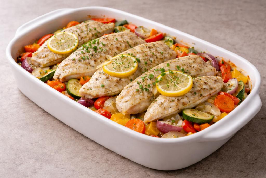 Tilápia ao Molho de Limão e Alho com Legumes Assados