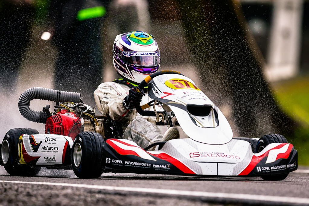 Lucas Sacamoto mostra resiliência sob chuva em etapa do Patobranquense de Kart 
