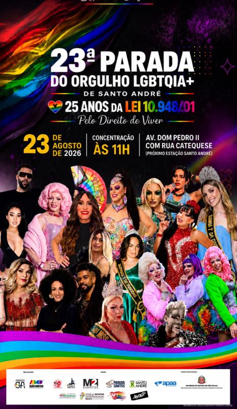 23ª Parada do Orgulho LGBTQIA+ de Santo André ocupa as ruas neste domingo com defesa de políticas públicas e combate à Homofobia e a Transfobia.