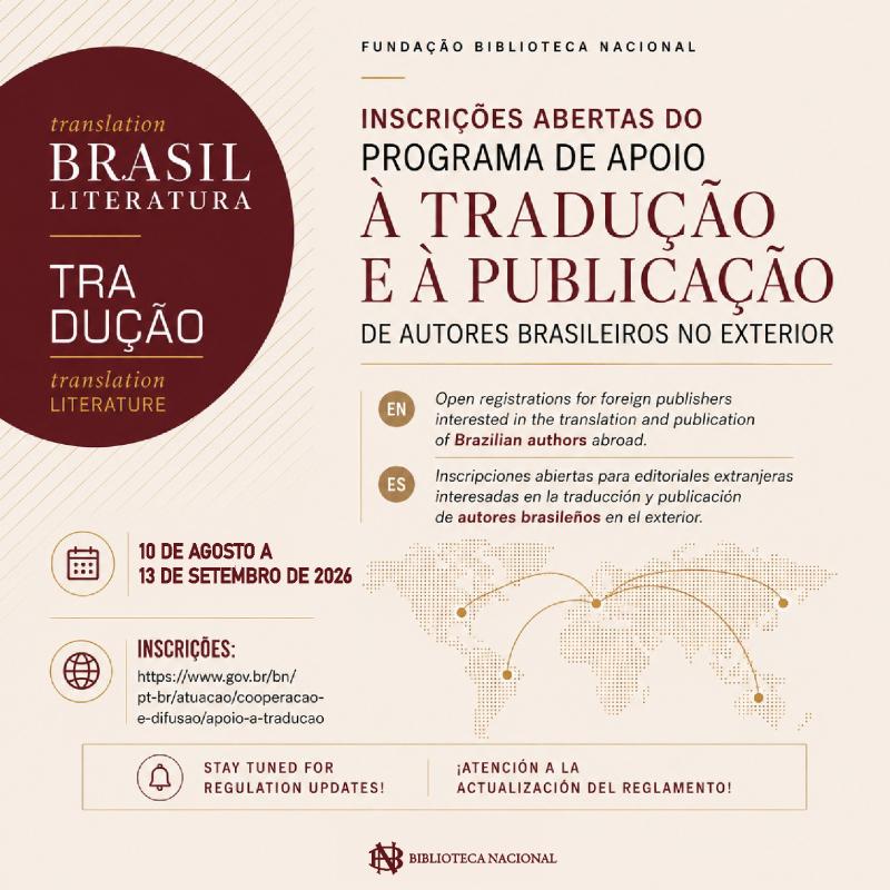 Biblioteca Nacional lança edital do Programa de Apoio à Tradução e à Publicação de Autores Brasileiros no Exterior 2026
